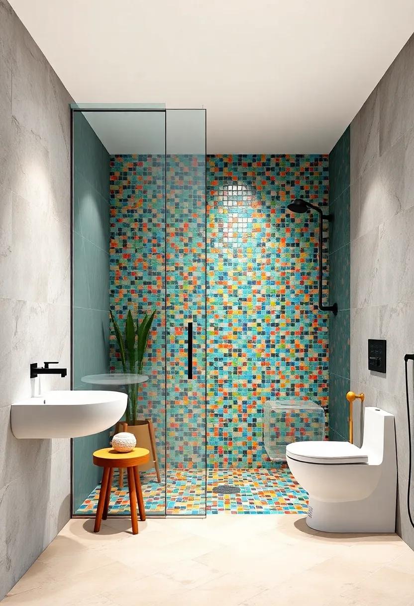 Mosaic Magic: ​Pair ​your​ frameless glass walls with colorful mosaic tiles, allowing for a ‍unique and vibrant focal ⁣point in your modern bathroom