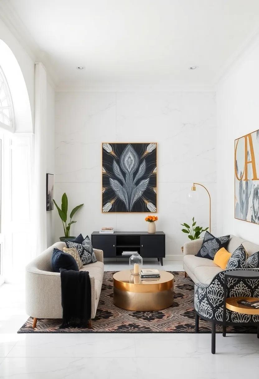 Art Deco Inspirations: Incorporate Art Deco elements, like bold patterns in black and gold, for an unexpected twist within a white space