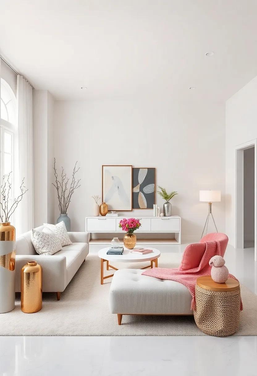 Decorative Accents: Introduce metallic or mirrored accessories, such as vases or picture frames, for a touch of glam in a white setting