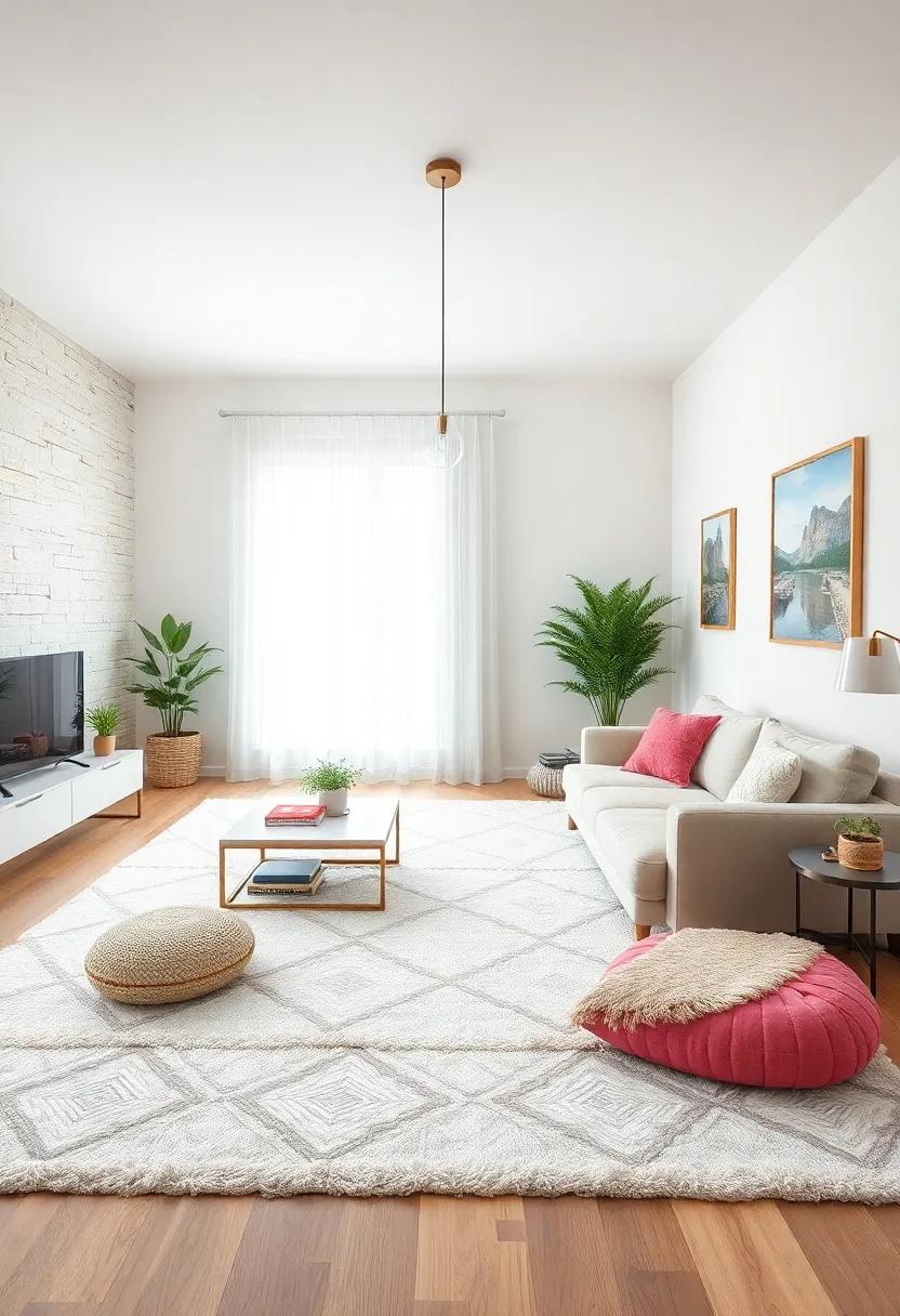 Elegant Rugs: Choose a plush white or subtly patterned rug to anchor the room and add comfort underfoot