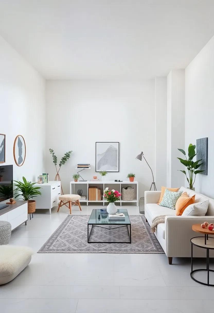 Embrace Minimalism: Start with a clean slate by decluttering the space and investing in sleek, minimal furniture that accentuates white tones