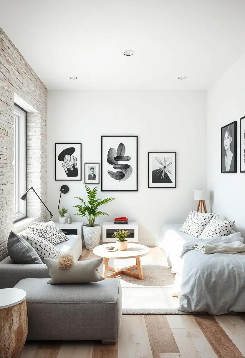 Wall Art with a Twist: hang monochrome art pieces or create a gallery wall with black and white photographs to contrast with the white backdrop