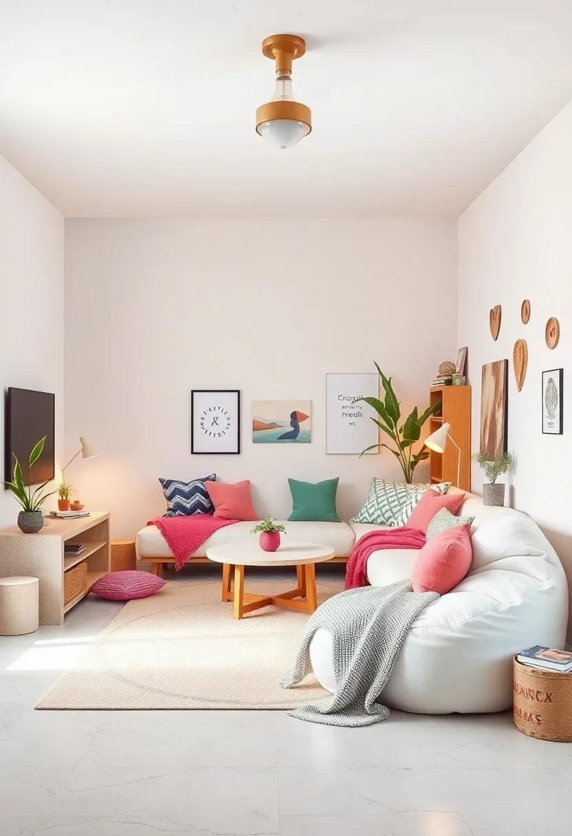 Whimsical Details: Add playful elements like a white fuzzy bean bag or quirky wall decals to bring personality to the retreat