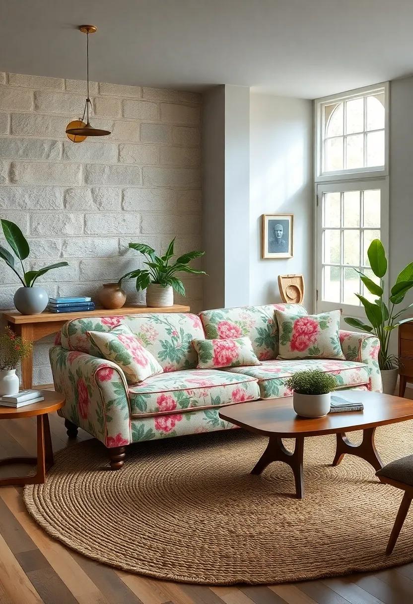 Experience ‌the charm of ‍cottagecore with a vintage-inspired living room, where a floral sofa⁣ sits atop a woven rug, surrounded by rustic wooden accents and potted plants