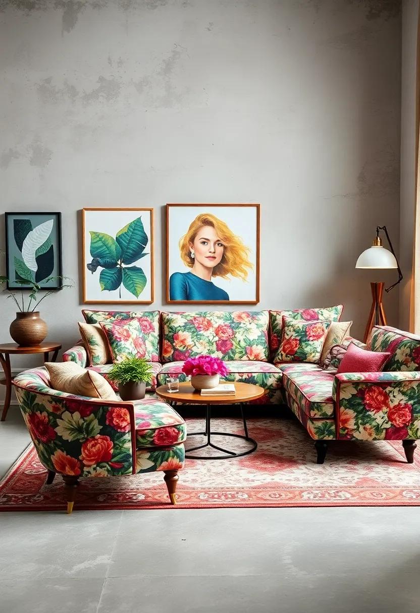Embrace maximalism with ⁣a vibrant floral sofa⁤ celebrated by an ‌eclectic mix of‍ artwork and patterned​ rugs, embodying the playful spirit of cottagecore aesthetics