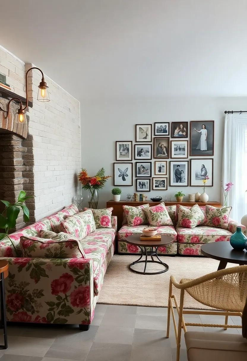 This⁤ dreamy living room ⁣showcases a striking floral sofa, alongside vintage ‍light fixtures and ​a gallery wall of family photos that tell a story of love and togetherness