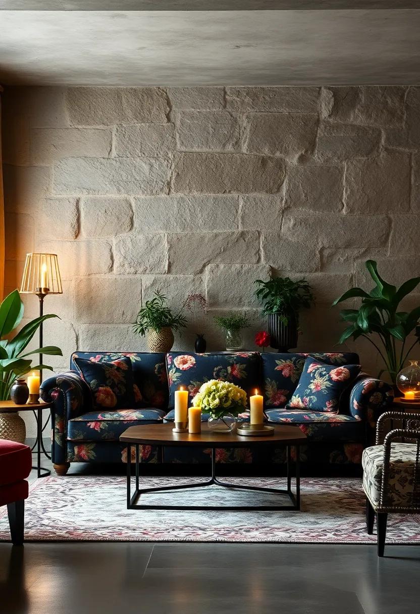 Picture ​a serene living room adorned with a muted floral fabric sofa, accented by earth-toned cushions and intricate macramé hangings that bring a touch of bohemian flair