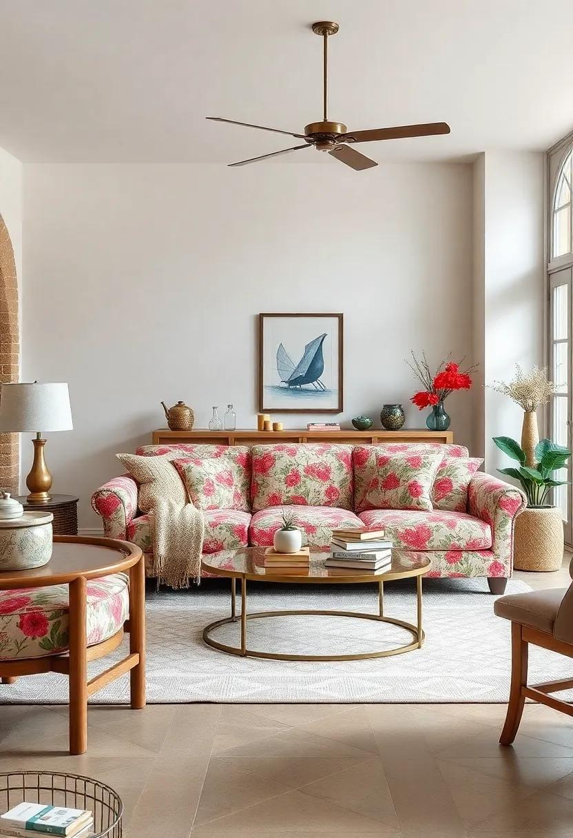 Appreciate the delightful combination ⁢of a bright floral-patterned sofa and farmhouse-style furniture, creating ⁢a whimsical yet sophisticated ‌atmosphere in your living space