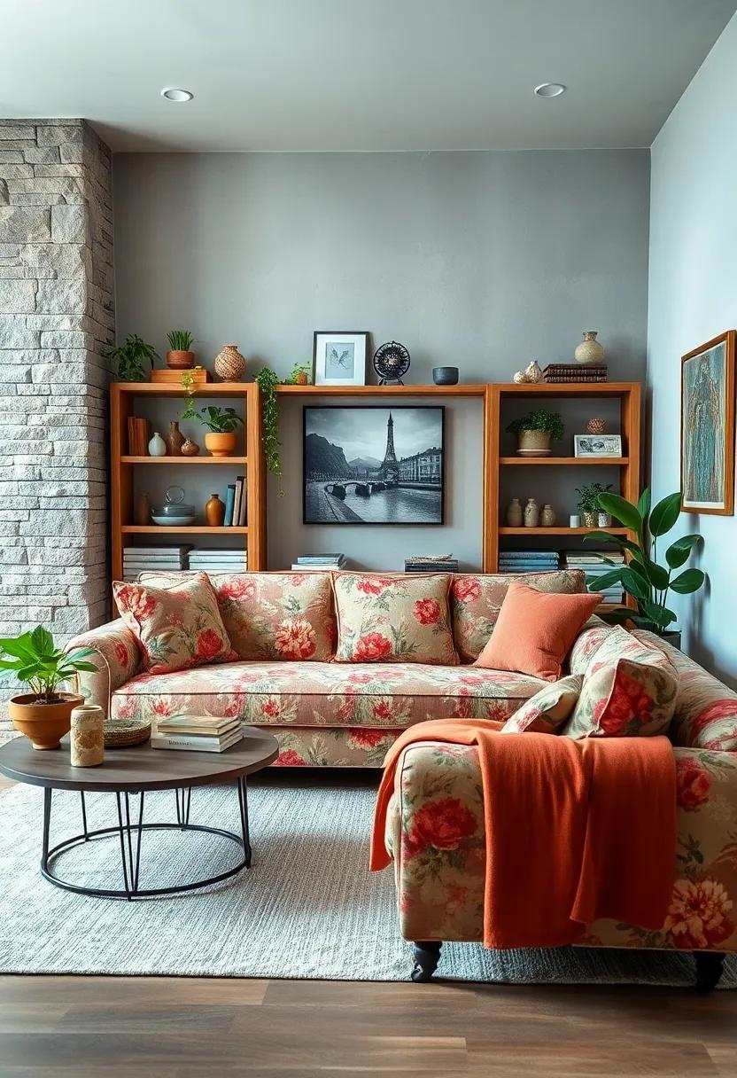 Retreat into a floral wonderland where a muted color palette and vintage patterns create a harmonious living room, perfect for sipping tea and enjoying homemade treats