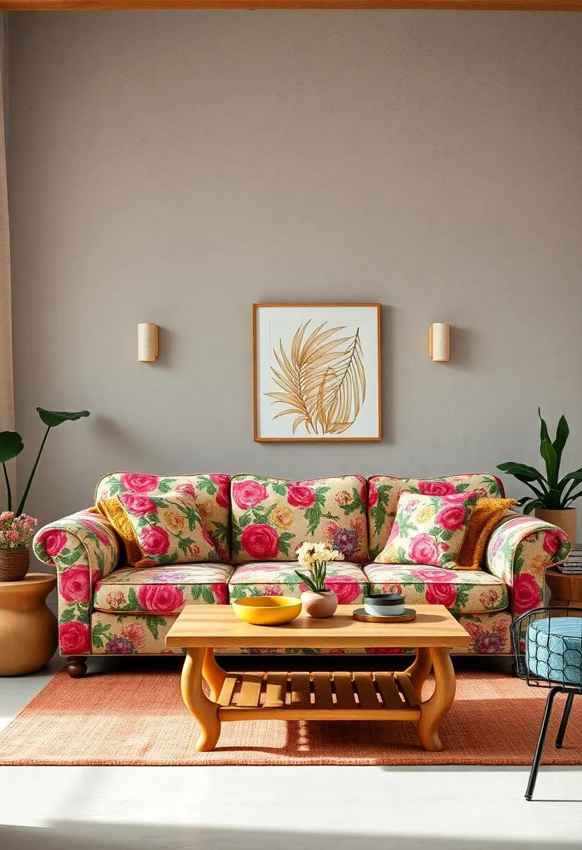 Envision a whimsical living room with a bold floral sofa topped with colorful cushions, surrounded⁤ by​ quirky decor items that spark joy and creativity