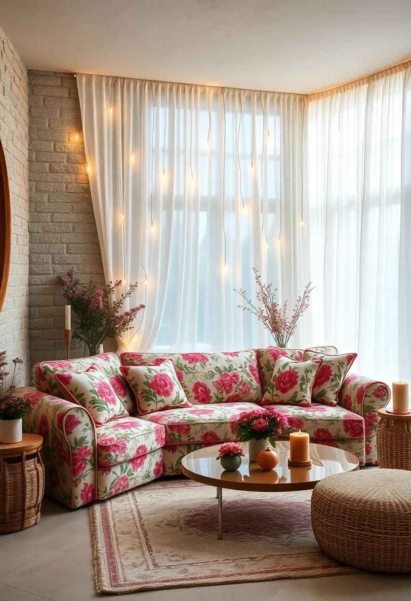 Step into a romantic hideaway where a floral sofa blends seamlessly with soft drapery and fairy lights,evoking an enchanting,dreamy atmosphere