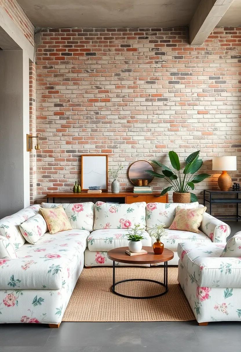 A soft white floral ⁤sofa contrasts beautifully with a backdrop of exposed brick, while woven textures and vintage ‍accents breathe life into this urban cottagecore haven
