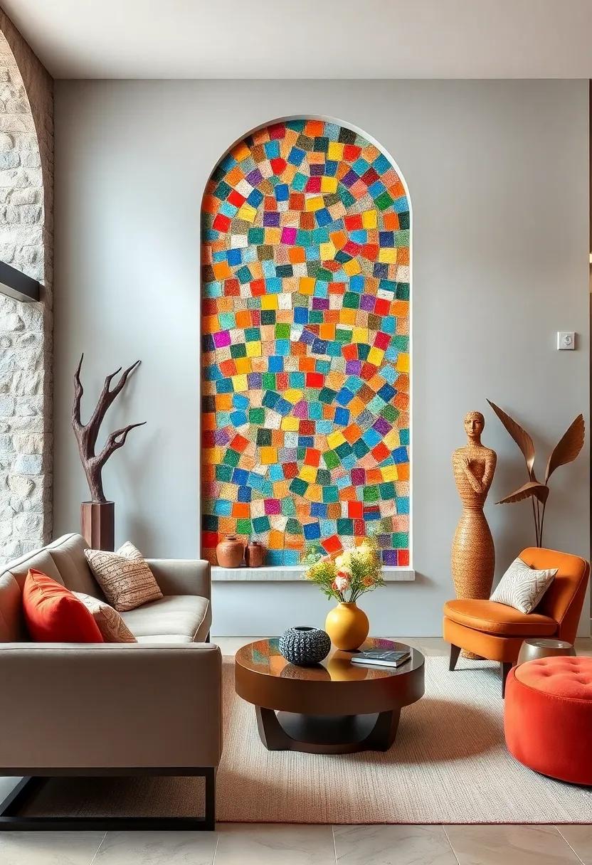 The Colorful Mosaic Mural - A wall-mounted piece crafted from ⁣vibrant tiles, this artwork transforms a blank space into a captivating visual feast