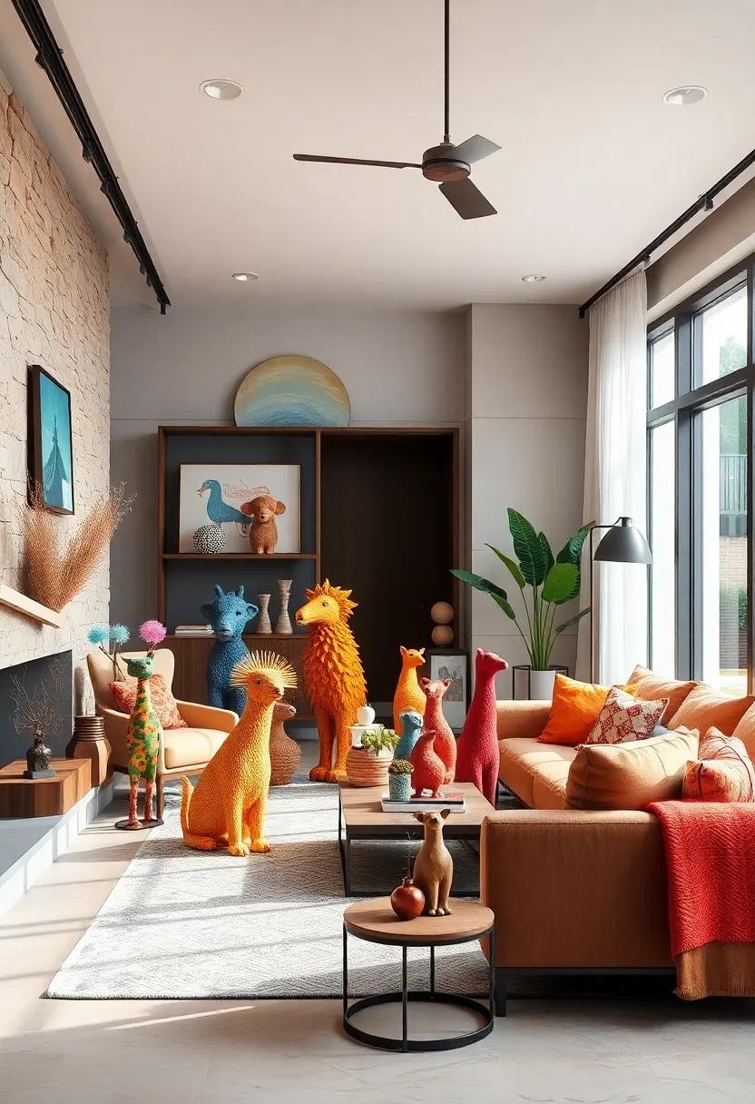 The Whimsical Animal Parade - A collection of colorful animal sculptures that infuses a sense of playfulness and charm into your living area