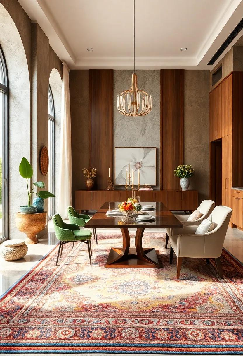 Qom Splendor: Delight in the exquisite silk and cotton combination of a Qom rug, featuring vibrant colors and delicate motifs that can elevate the ambiance of your dining area