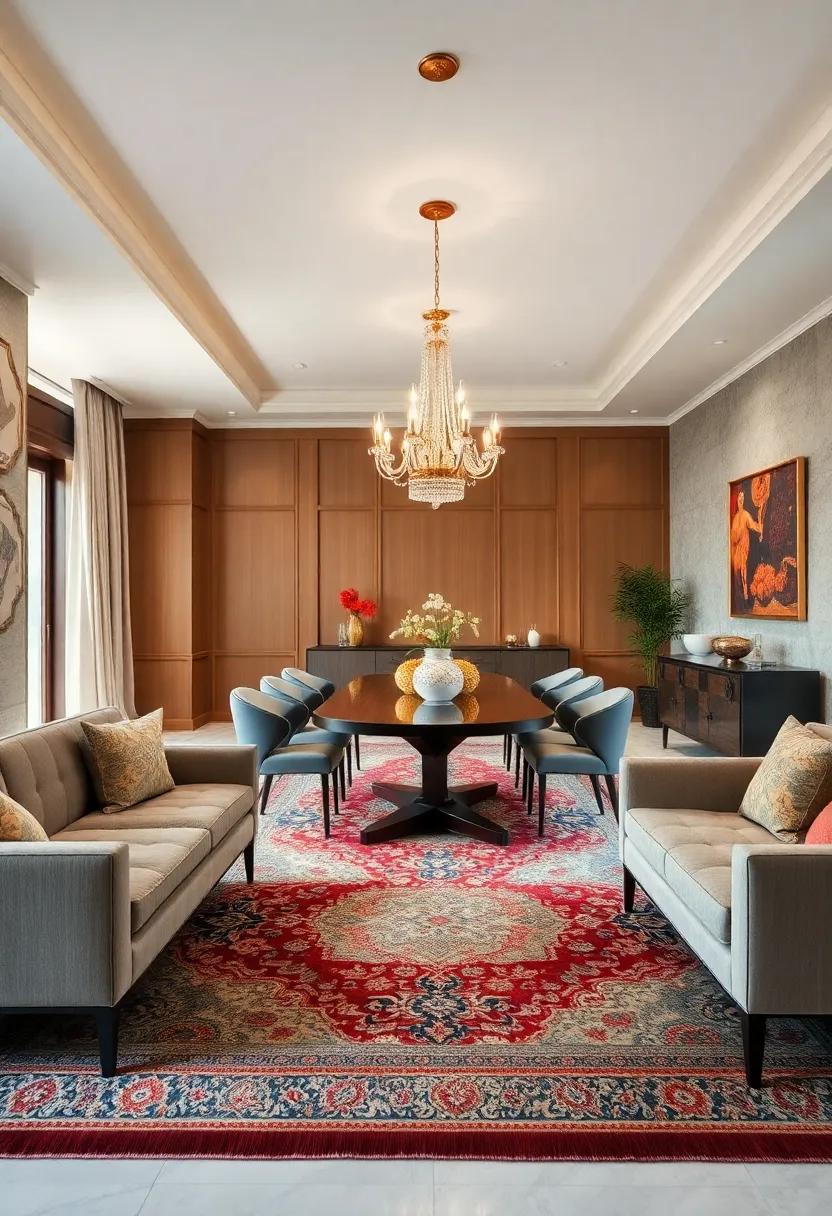 Sultanabad Grandeur: Opt for a Sultanabad rug, which showcases a blend of practicality and beauty with its vibrant colors and artistic motifs, ideal for an elegant dining room