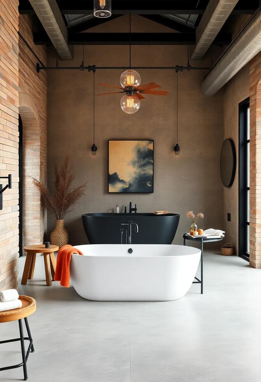 Add a freestanding tub in matte black or a distressed finish for a​ bold centerpiece‍ that draws‍ the eye