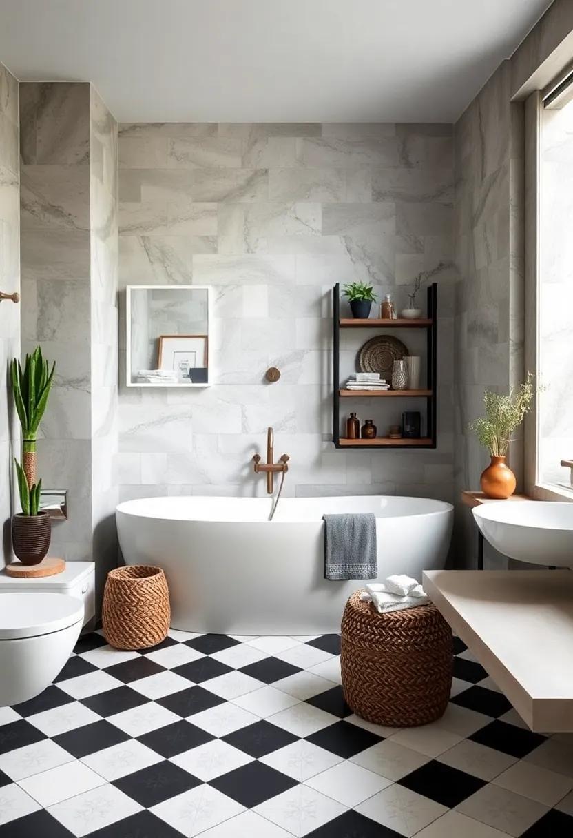 Use bold black and white tiles in geometric patterns to create an eye-catching mosaic on the bathroom floor