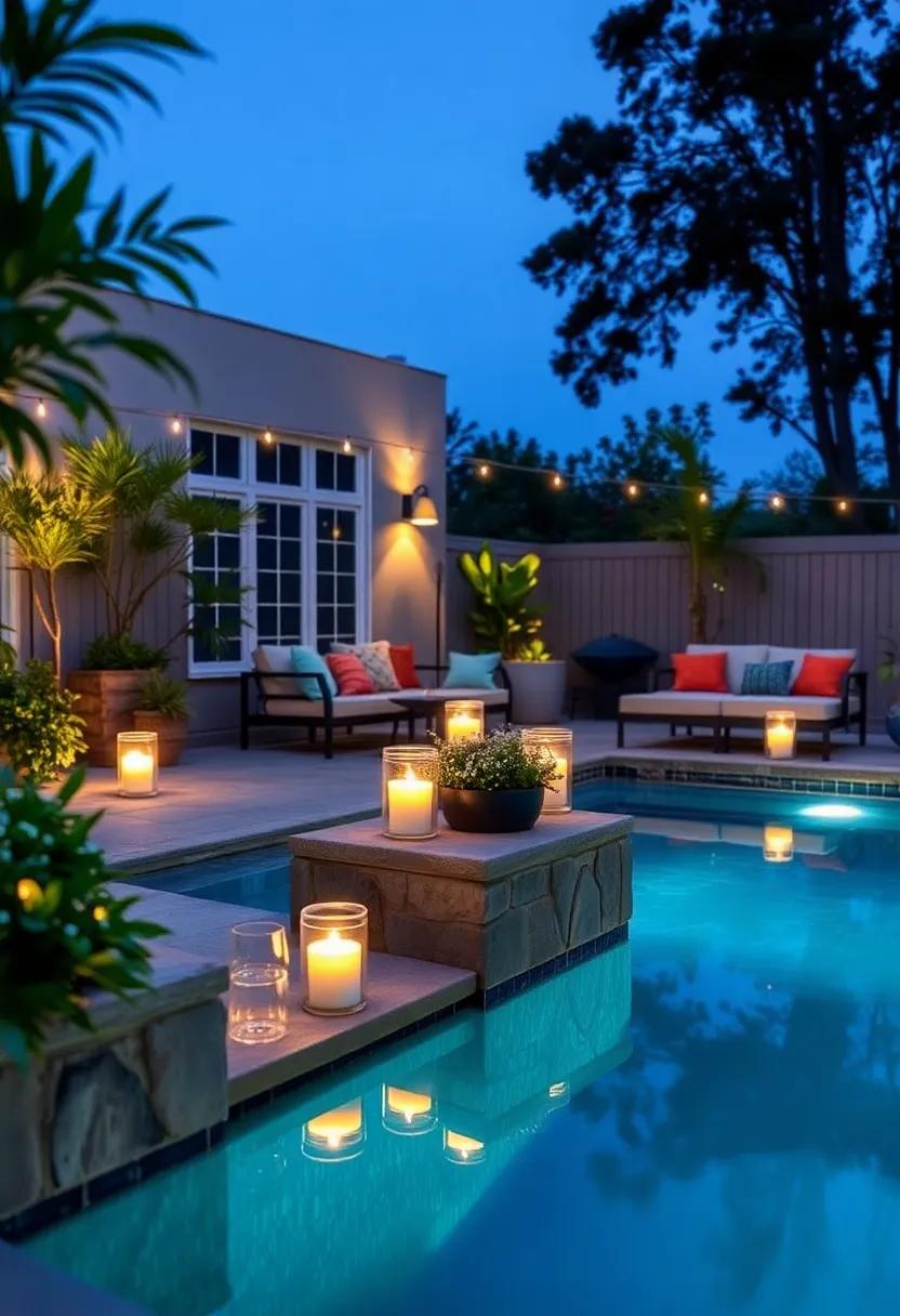 Candlelit Charm: Learn how to use waterproof candles in ​beautiful glass jars to give your pool a ​romantic glow that enchants the night