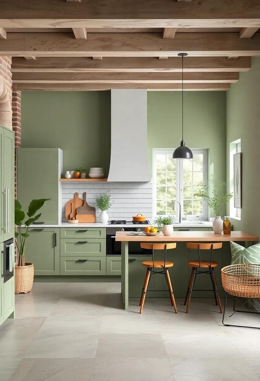 Soft Sage Green: Embrace tranquility with a muted green that evokes the freshness of nature, perfect for a calming cooking space