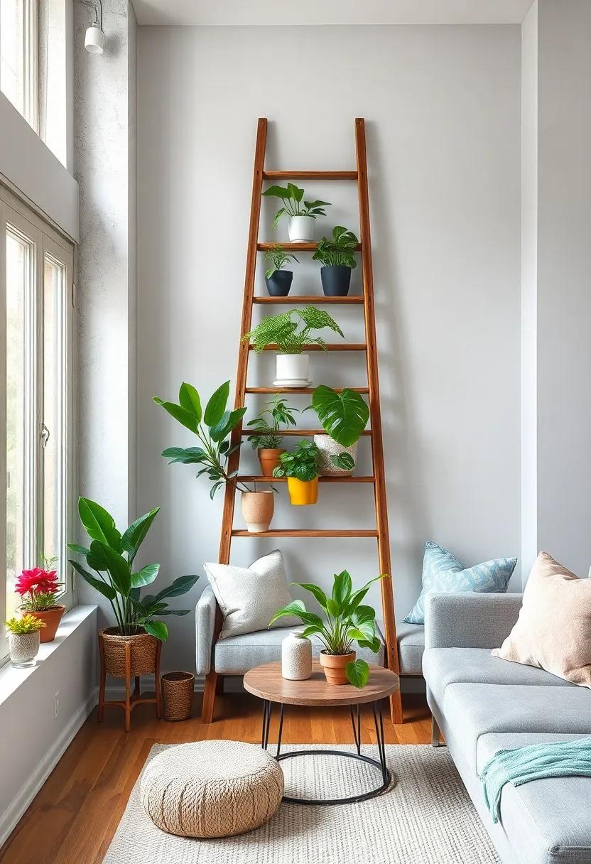 Create a Plant Ladder: Repurpose an old ladder as a unique plant display that not only serves as a stand for your plants but also adds rustic charm to your decor